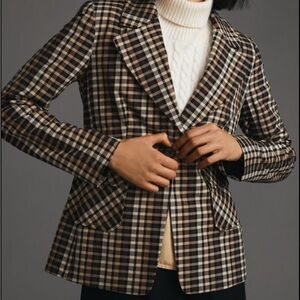 Anthropologie Maeve Blazer Sz 0 Brown  Checkered Plaid Single Breasted Career EC